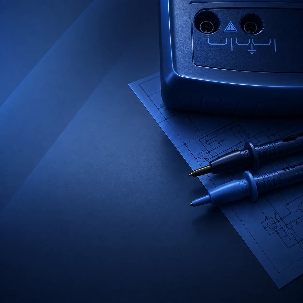 Measuring instrument and test probes over a technical diagram